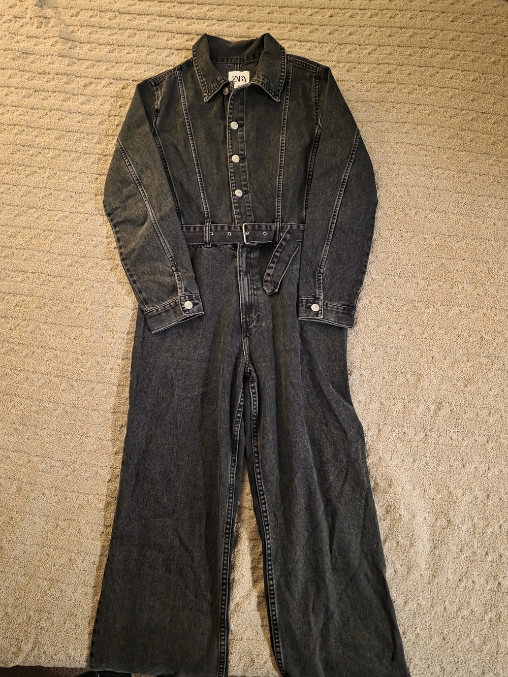 Zara Black Washed Denim Jumpsuit with Belt